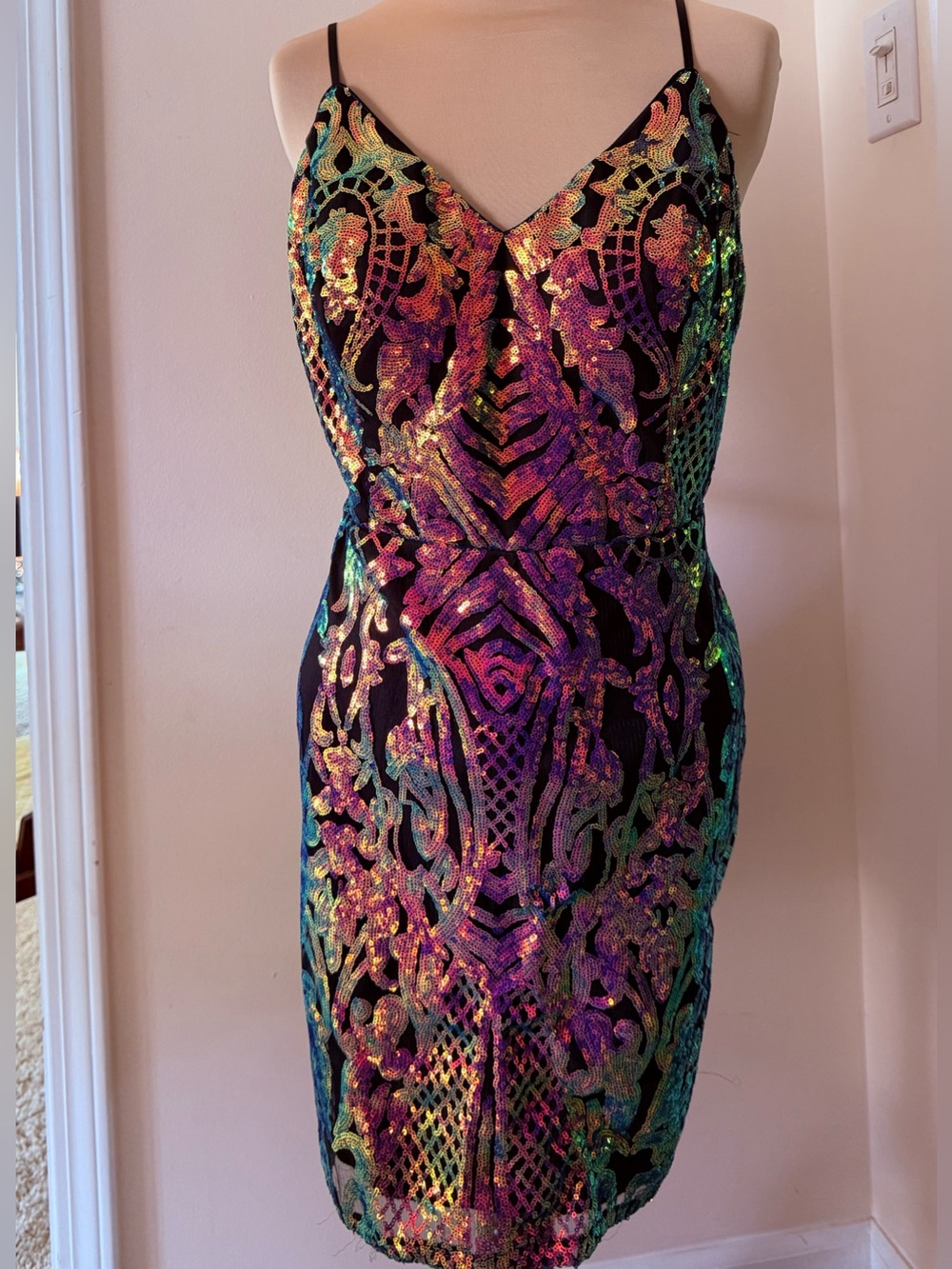 Hoco City Vibe Iridescent Rainbow Sequin Bodycon Dress Sz 17 Homecoming EUC